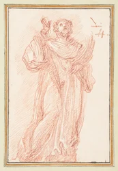 Staand figuur met opgeheven arm die omhoog kijkt