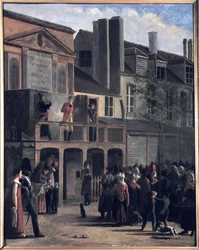 La Parade de Bobèche et Galimafre, voorstelling van een menigte die naar een straattheater kijkt. 19e eeuw.