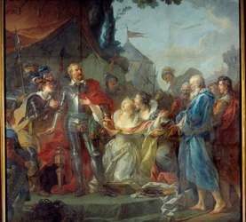 Het beleg van Calais in 1347 was de toewijding van Eustache van Saint Peter, de bekendste van de zes burgers van Calais, die naar de koning van Engeland Edward III ging om genade te vragen voor de inwoners van Calais (augustus 1347). Schilderij door Jean S