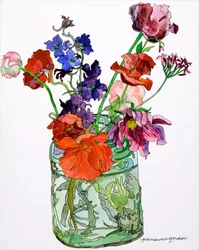 Delphiniums, klaprozen  anderen in pot, 2011 (aquarel  inkt op papier)