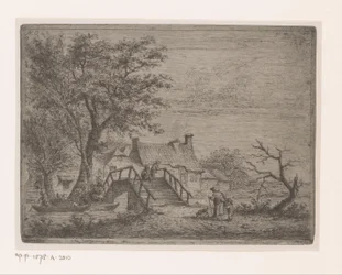 Landschap met houten brug over een rivier