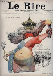 De nieuwe kamer - Marianne met haar gezicht bedekt met een Frygische muts - Marianne gekleed in een jurk in twee delen: een rode kant en de andere kant versierd met lelies - (De cartoon verwijst naar de politieke verdeeldheid tussen republikeinen en monarc