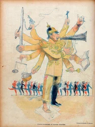 Wilhelm II (1859-1941) (keizer Wilhelm II, Duits keizer en koning van Pruisen) - het eenmansorkest van het Europese concert - karikatuur in «Le Rire» van 26 november 1898 - karikatuur door Jean Veber (1864-1928) - nummer gewijd aan Wilhelm II (1859-1941)