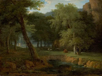 Boslandschap met nimfen en een herme