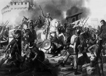 Graaf Eudes (Odon) (860 - 898) verdedigt Parijs tegen de Noormannen in 886, schilderij door Jean Victor Schnetz (1787-1870)