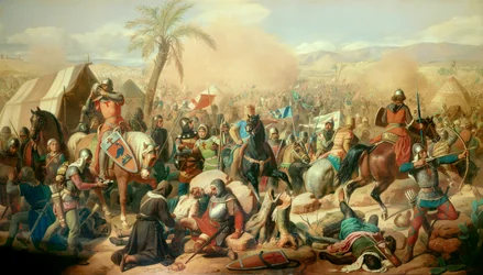 Eerste Kruistocht: “Slag bij Ascalon, 12/08/1099, overwinning van Godfried van Bouillon (1061-1100) op de vizier Afdal”. Schilderij van Victor Schnetz (1787-1870), 1843. Doek. 3,15 x 5,56 m. Versailles, Kasteelmuseum