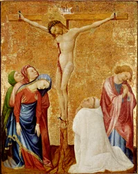 Calvarie voor de kartuizer monnik. De drie maagden en Sint Jan omringen het kruis. Een kartuizer monnik knielt aan de voet van Christus