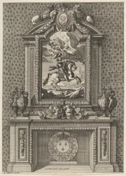 Schoorsteen met een schilderij van Lodewijk XIV boven de schouw, uit 