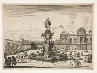 Fontein, met paleis rechtsachter