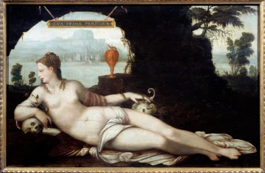 Eva Prima Pandora, voorstelling van een vrouw die de kenmerken van Eva en Pandora verenigt, die beiden alle kwaad naar de aarde brengen. Schilderij «Vanite» van Jean Cousin, genoemd de Oudere (1490-1560), 16e eeuw. Afmetingen: 0,97 x 1,5 m.
