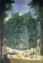 De Bossen van Versailles: Uitzicht op de Ingang van het Doolhof met Vogels, Nimfen en Cherubs, 1688