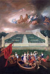 Uitzicht op de Orangerie en het Kasteel van Versailles met de ontvoering van Helena, 1688