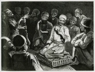 Perzische verhalenverteller omringd door zijn publiek. Gravure door de Reiziger auteur, ter illustratie van het verhaal "Perzië, Chaldee en Susiane"