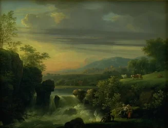 Bergachtig landschap met een waterval. Zonsopgang