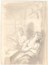 Een slapende keukenmeid en een diefachtige jongen, kunstlicht