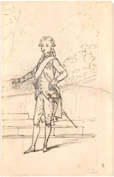 Compositieontwerp voor een portret in volledige figuur van Frederik de zesde als jonge kroonprins. Staand en face met rechterhand in de zij en linkerhand gesteund op een tafel