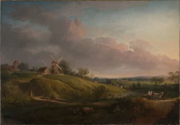 Landschap met een kerk en een molen