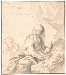 Maria met het kindje Jezus in de wieg en Johannes