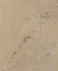 Model staand, naar rechts gekeerd, linkerarm opgeheven, rechterarm neergelaten en gesteund tegen een rots.