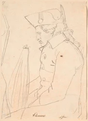 Portret van de kopergraveur J.F. Clemens. Driekwart figuur zittend in profiel naar links