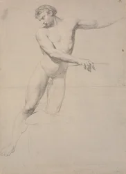 Zelfde model als gb5337, en face, staand op rechterbeen, terwijl linkerknie tegen een krukje steunt; niet afgetekend