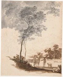 Zwitserlandschap met een ruiter die twee paarden en een paar honden vasthoudt; studie voor het portret van Jean-Armand Tronchin
