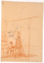 Studie van de rechterarm van een staande man en een compositieschets voor een dubbelportret van Juel en zijn vrouw bij de ezel
