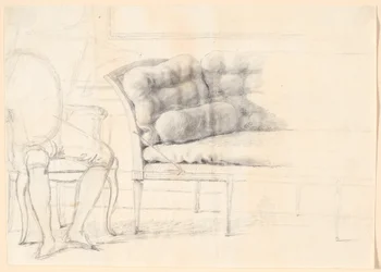 Studie voor het Holmskiold-familieportret uit 1787: de gestoffeerde bank, en links een stoel met de figuur van Holmskiold geschetst