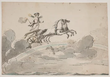 Amor (Eros) rijdend in een wagen op de regenboog