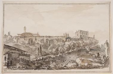 Stadsgezicht met paleis en kerk omgeven door muur