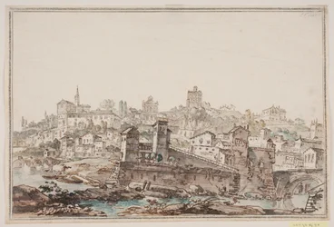Stadsgezicht met huizen en kerk bij rivier. Het oude Rome