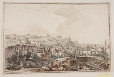 Stadsgezicht met huizen en muur bij rivier; op de achtergrond kerken en paleizen