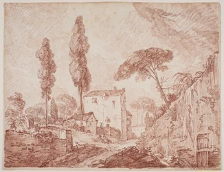 Italiaans fantasielandschap met bomen en huizen