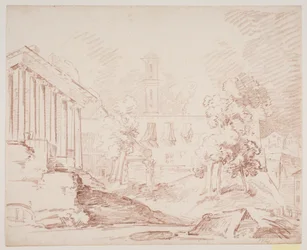 Italiaans uitzicht met tempel en kerk