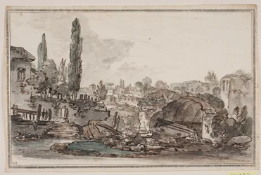 Prospekt met hoge bomen, gebouwen en ruïnes