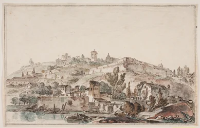 Romeins uitzicht met stadsmuur en kerken