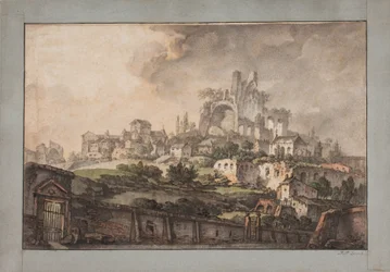Romeins uitzicht met muur op de voorgrond, kerk en ruïne op de achtergrond