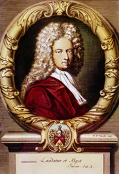 Portret van Daniel Defoe (kleur litho)