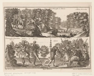 Twee theater scènes met figuren in een bosrijk landschap