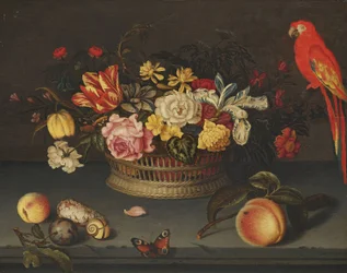 Stilleven met bloemenmand en papegaai