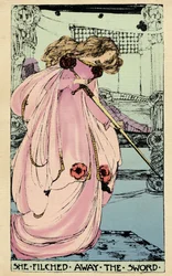 De fee Morgane steelt Excalibur voor haar minnaar om het tegen koning Arthur te gebruiken. Illustratie door Jessie Marion King voor het boek 