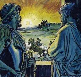 Alexander kon rijden op Bucephalus, een vurig ros (kleurenlitho)