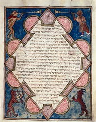 Verlichte pagina van de Bijbel Cervara geschreven in het Hebreeuws