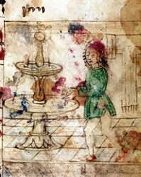 Jodendom: rituele ablutie. Miniatuur uit een pagina van een Machazor in het Hebreeuws. 15e eeuw. Biblioteca Palatina, Parma