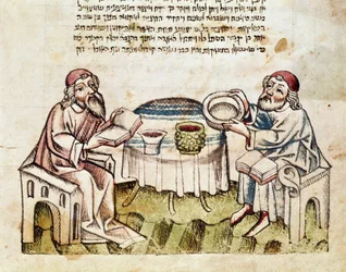 Jodendom: twee rabbijnen vieren Pasen met de ceremonie van de Seder, miniatuur uit een Mahzor (gebedenboek in het Hebreeuws) 15e eeuw Parma, Biblioteca Palatina
