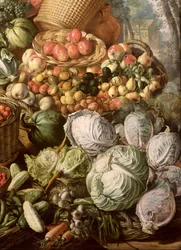 Detail van stilleven met fruit, groenten en een marktvrouw, 1564