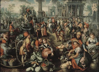 Marktscène met Ecce Homo, de geseling en het dragen van het kruis