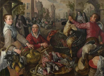 De Vier Elementen: Een Gevogelte Kraam in een stad met de Verloren Zoon op de achtergrond - een Allegorie van Lucht, 1569