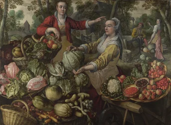 De Vier Elementen: Aarde. Een Fruit- en Groentemarkt met de Vlucht naar Egypte op de Achtergrond - door Beuckelaer (Bueckelaer), Joachim (1533-1574) - 1569 National Gallery, Londen