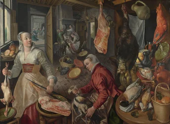 De Vier Elementen: Vuur. Een Keukenscène met Christus in het Huis van Martha en Maria op de Achtergrond - door Beuckelaer (Bueckelaer), Joachim (1533-1574) - 1569 National Gallery, Londen